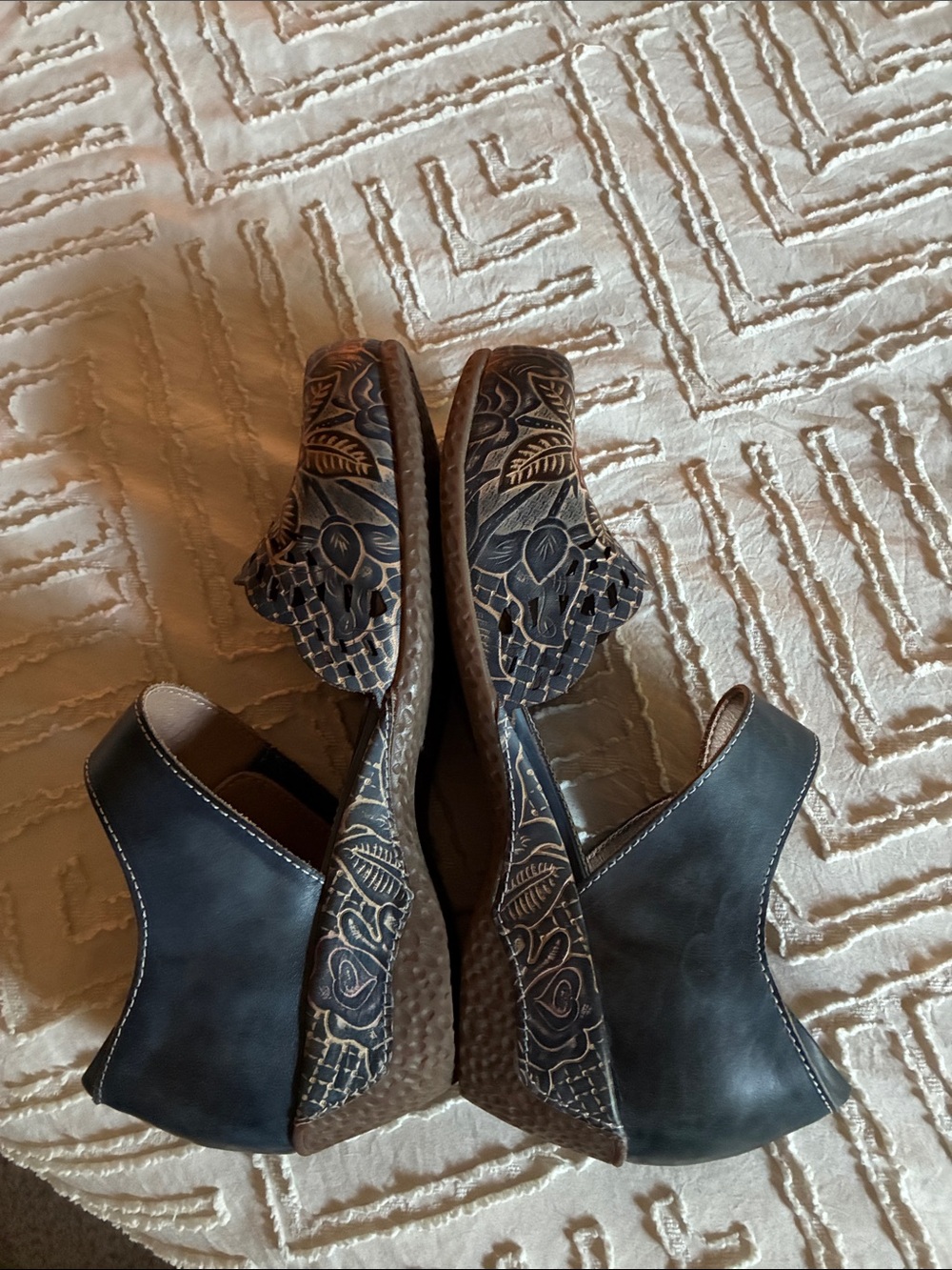 L'ATISTE Navy Leather Mary Janes with Pink & Orange Floral Emboss - Picture 6 of 11